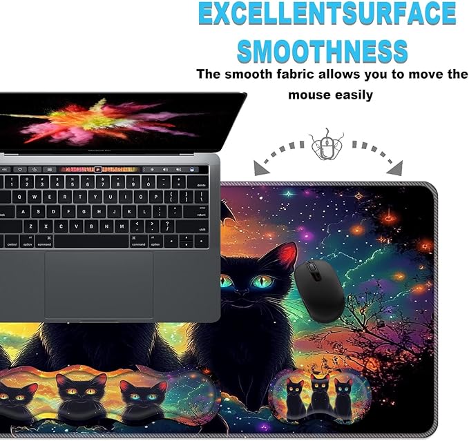 Keyboard Wrist Rest and Mouse Pad Set31.5x11.8 Inches Desk MatWaterproof Non-Slip Ergonomic Wrist Support for Pain ReliefExtended Desk Protector for Office Home GamingCute Black Cats
