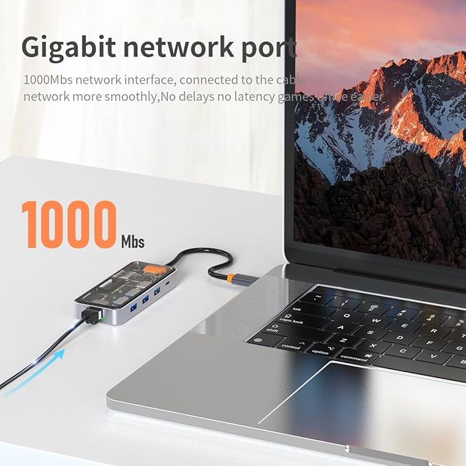 DroiX NT8 Clear USB Hub with Ultra-Fast RJ45 Gigabit Ethernet 4K HDMI 2.0 Output Rapid 100W PD Charging Versatile 3X USB Type-A 3.0 Ports Dual Micro/SD Card Readers Sleek Design.
