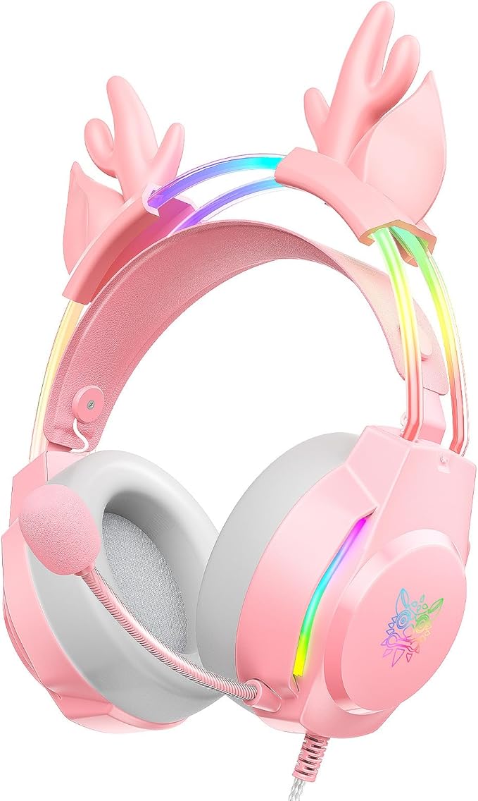 Gaming Headset with Microphone Deer Ears Headphones for PC Laptop PS4 PS5 Xbox Switch Rainbow RGB Lighting &amp Virtual Surround Sound 3.5mm Over Ear Headphones Ergonomic