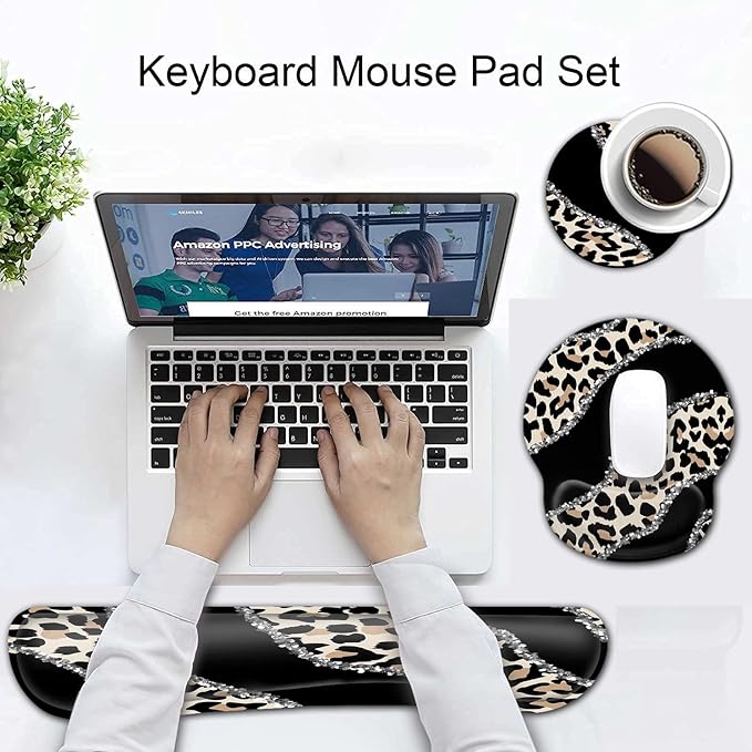 Ergonomic Mouse Pad Wrist Support and Memory Foam Keyboard Wrist Rest Set for Gaming Computer Office Laptop Easy Typing Wireless Mouse Mat Gel Gaming Funy Leopard Pattern Black Office Desk Pad
