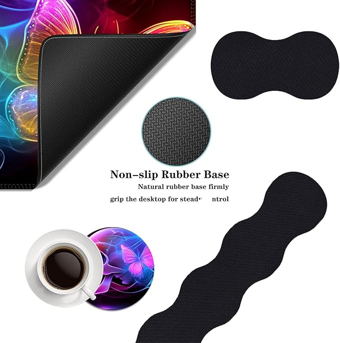 Mouse PadLarge Desk Mat Set 4in1 XL Mousepad + Keyboard Wrist Rest+Mouse Wrist Rest+Coaster with Ergonomic Desk Pad for Home Office Table Computer Cover -Neon Skull with Butterflies
