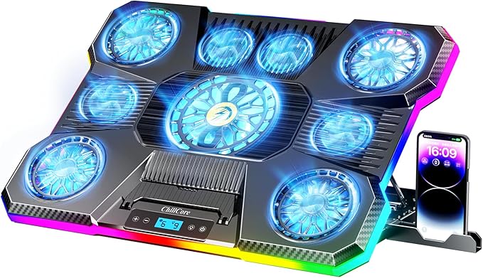 ChillCore Laptop Cooling Pad RGB Lights Laptop Cooler 9 Fans for 15.6-19.3 Inch Laptops Gaming Laptop Fan Cooling Pad with 8 Height Stands 2 USB Ports - A21 Blue