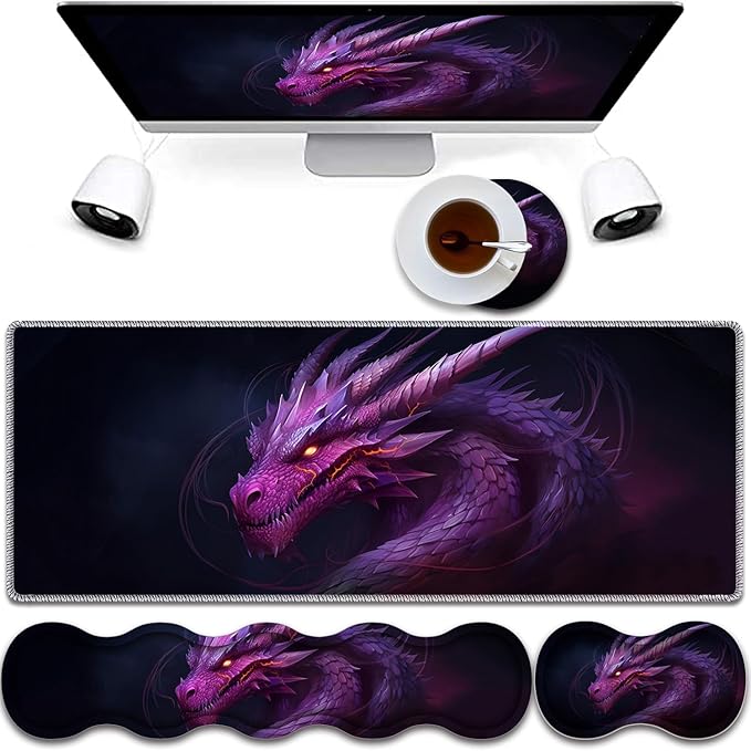 4 in 1 Mouse Pad Combo Large Gaming Mouse Pad + Keyboard Wrist Support + Mouse Wrist Rest + Coaster Table Pad 31.5 x 11.8 with Memory Foam Ergonomic Wrist Pad Set Flame Eyes Purple Dragon
