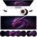 4 in 1 Mouse Pad Combo Large Gaming Mouse Pad + Keyboard Wrist Support + Mouse Wrist Rest + Coaster Table Pad 31.5 x 11.8 with Memory Foam Ergonomic Wrist Pad Set Flame Eyes Purple Dragon
