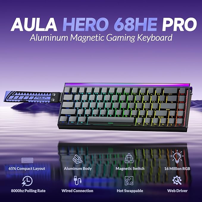 AULA Hero 68 HE Pro - Wired Gaming Keyboard with Hall Effect Magnetic Switch CNC Aluminum Frame 8KHz Polling Rate RGB Box &amp Backlight Side Printed Keycaps 65% 68-key Compact Small Gamer Keybo