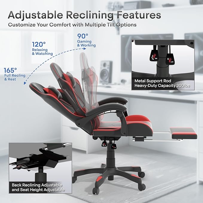 Athena Collection Ergonomic Gaming Chair with Footrest &amp Headrest Lumbar Support Height Adjustable Swivel Office Chair Reclining Game Chair Leather High Back Computer Chair for Adults Kids Red