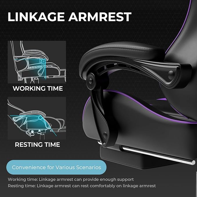 GTPLAYER Gaming Chair Computer Chair with Footrest and Lumbar Support Height Adjustable Game Chair with 360°-Swivel Seat and Headrest and for Office or Gaming (Faux Leather Purple)