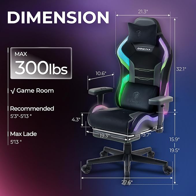 Dowinx Gaming Chair with RGB LED Lights Ergonomic Game Chair with Footrest Massage Lumbar Support Computer Gamer Chair for Adults Teens Black Green