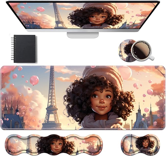 Ergonomic Keyboard Wrist Rest &amp Mouse Pad Wrist Rest Set Large XXL Gaming Desk Mat 31.5x 11.8 with Memory Foam Easy Typing Pain Relief for Office &amp Home Cute African American Girl
