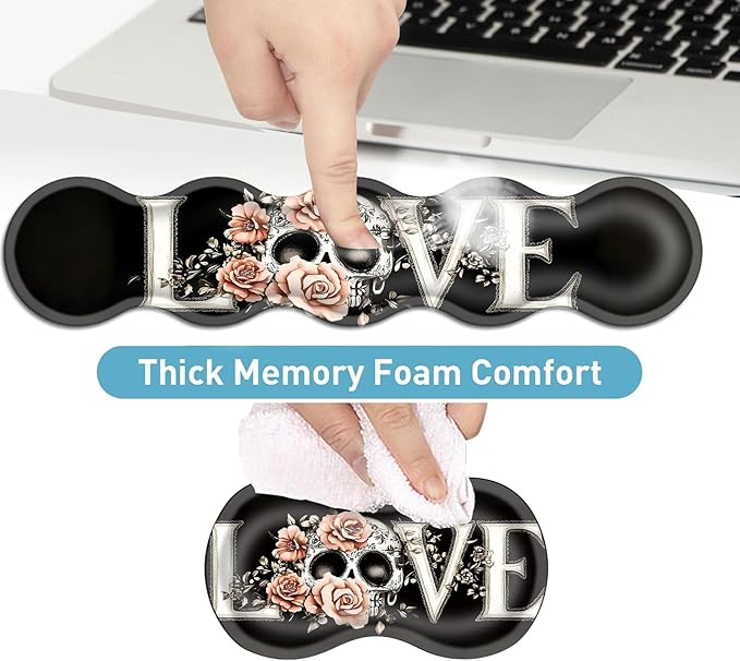 Keyboard Mouse Pad Set Extended Gaming Mouse Pad+Ergonomics Keyboard Wrist Rest Support Memory Foam Easy Typing Pain Relief 4Pcs XL Ultra Thick Desk MatSkull Pink Roses Love Design