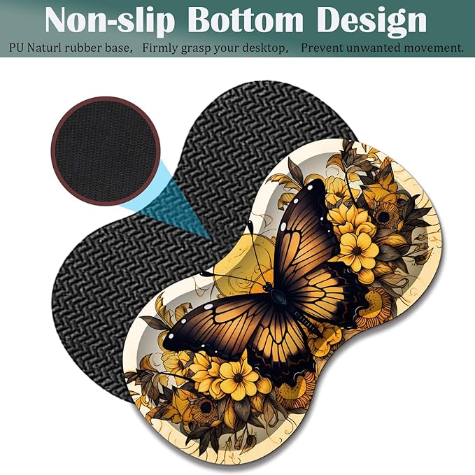 Large Game Mouse Pad + Wrist Support Pad + Coffee Coaster Desk Pad with Sewn Edges Anti-Slip Set pad Suitable for Office Work and Home - Yellow Sunflower Butterfly