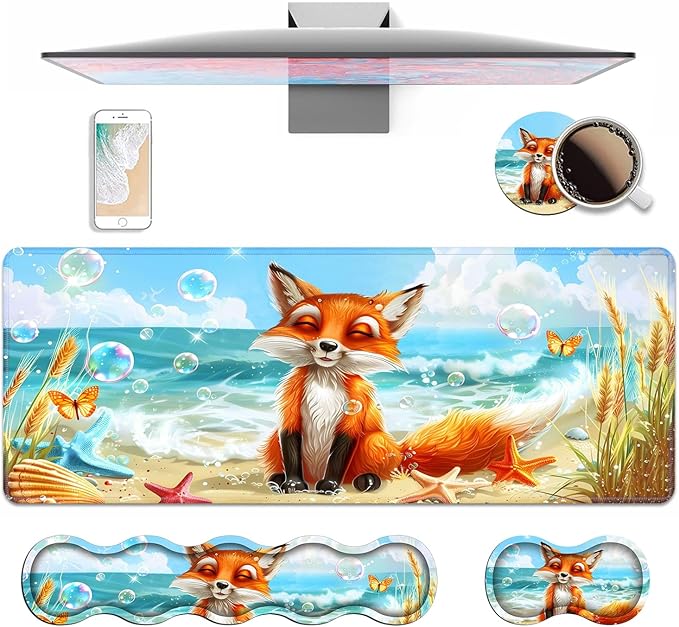 4 in 1 Ergonomic Keyboard Wrist Rest &amp Mouse Pad Wrist Rest Set Large XXL Gaming Desk Mat 31.5x 11.8 with Non-Slip Base Memory Foam for Home Office Study Gaming Fox