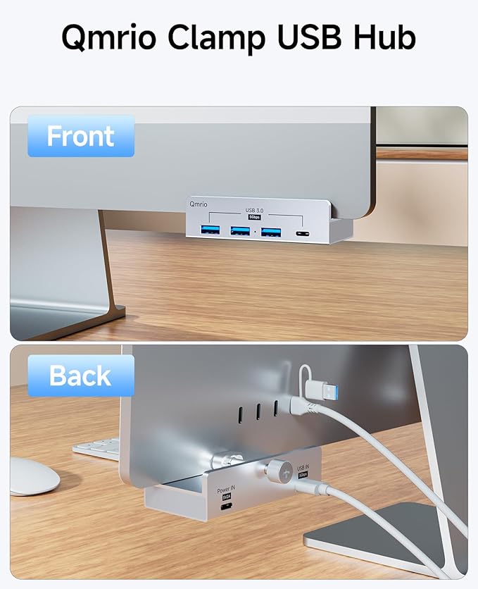 USB Hub 3.0 5Gbps Clamp USB Hub for Desk/Monitors with Extra Power Supply Port 3 USB-A Data Ports USB-C Data Port for iMac Pro/iMac (Silver)