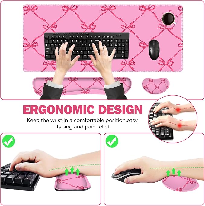 ToLuLu Large Mouse Pad Desk Pad Set Wrist Rest Support Desk Mat for Keyboard Mouse 4PCS 35.4”x15.7 XXL Giant Mouse Pad Non-Slip Base Stitched Edges Mousepad Office Desk Decor Hot Pink Bow