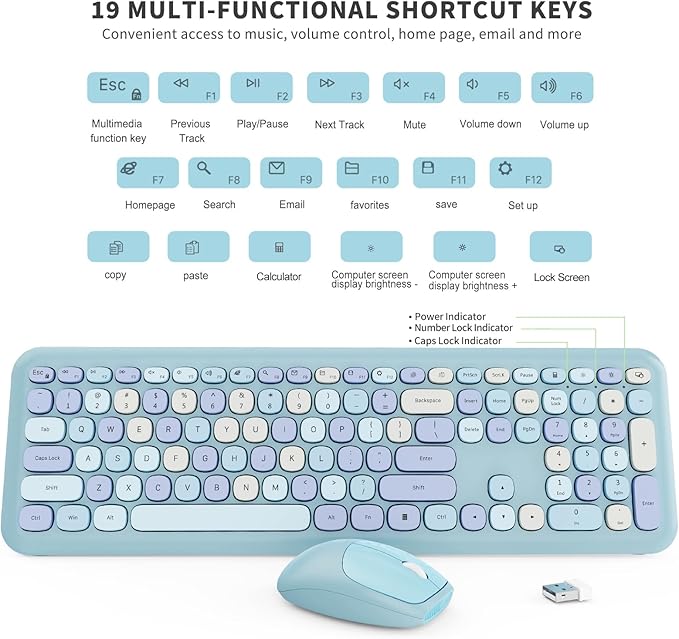 Wireless Keyboard and Mouse Combo Colorful Ergonomic Full Size Retro Low-Noise Keyboard with Cute keycaps Compatible with Windows PC Perfer for Home and Office Keyboards (Blue)