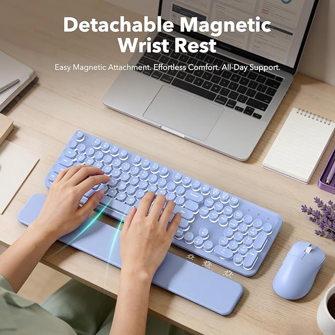 Wireless Keyboard and Mouse Combo Backlit Round Keycaps Retro Typewriter Keyboard with Detachable Wrist Rest Rechargeable &amp Tilt Legs 2.4GHz Cordless Connection for Windows/PC (Glowing Purple)