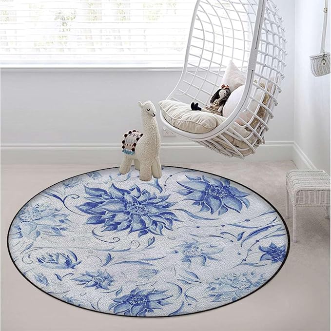 Blue and White Marble Round Area Rug Throw Rugs Soft Washable Small Round Floor Mats for Bedroom Living Room Buds with Leaves Flowers Diameter 59 in