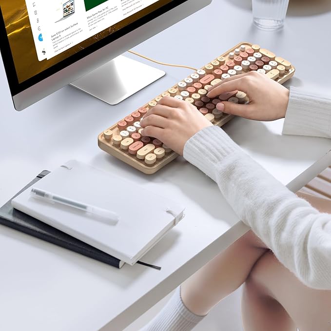 KNOWSQT Wired Computer Keyboard - Milk Tea Colorful Retro Full Size Round Keycaps Plug and Play Typewriter Cute Keyboards for Windows Laptop PC Desktop Computer
