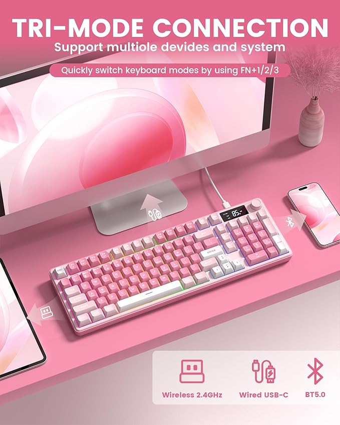 Keymatic Gaming Keyboard Wireless Creamy Keyboard with Media Knob &amp Screen Cute Keyboard Mechanical Feeling Membrane Keyboard with Number Pad RGB Backlit Tri-Mode BT/2.4GHz/USB-C - Pink