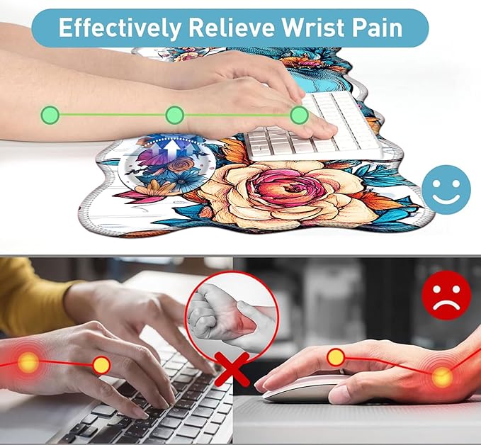 Large Mouse Pad and Keyboard Wrist Rest Desk Pad for Keyboard and Mouse 4-in-1 Large Gaming Mouse Pad with Wrist Support Desk Mat for Home Office Study Game-Floral Elephant