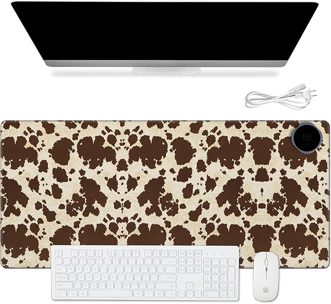 Warm Desk Pad Warm Mouse Pad Gaming Office Desk Matwith 3 Levels Heated &amp 3 Hours Auto Shut - 23.6 x 14.2 inch PU Leather Laptop Keyboard Mat for Home Office Hand WarmerBrown Cow Print Pattern