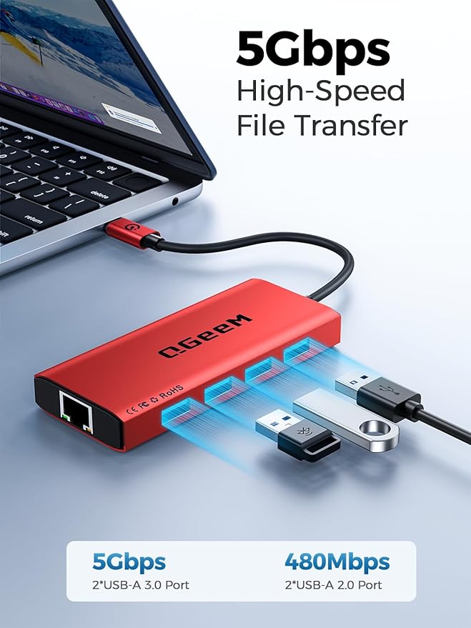QGeeM USB C Hub Ethernet9 in 1 USB Type C Hub HDMI Multi-Port Converter Adapter100W Pd USB 3.0SD/TF Card ReaderCompatible for MacBook Pro Air Ipad HP Dell Lenovo Chromebook etc.-Red