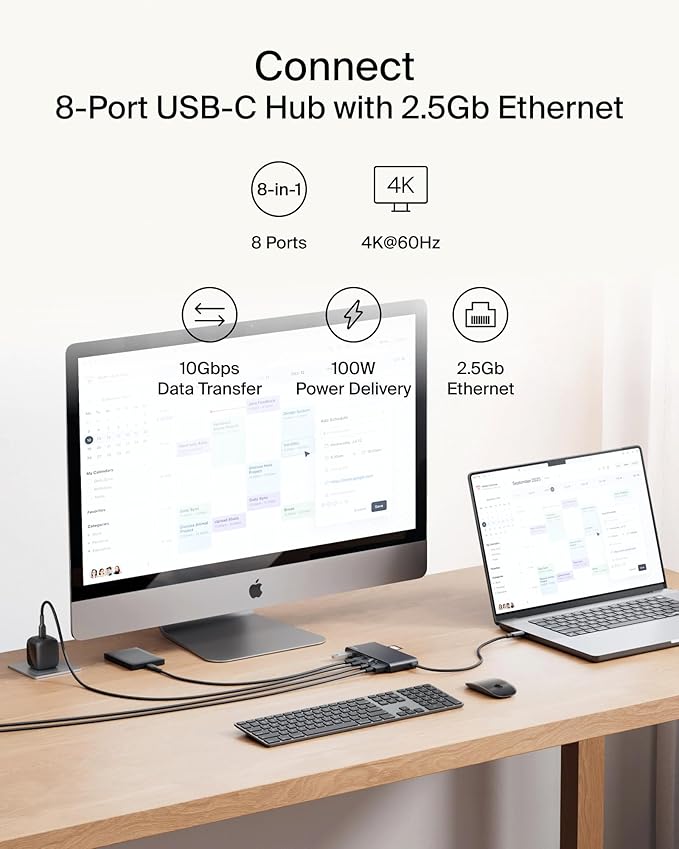 Belkin Connect 8-Port USB C Hub Supports Display w/Resolutions up to 4K@60Hz - Works with Mac Windows and Chromebook - 100W PD w/ 10Gbps Data Transfer Speeds &amp 2.5Gbps Ethernet - Black