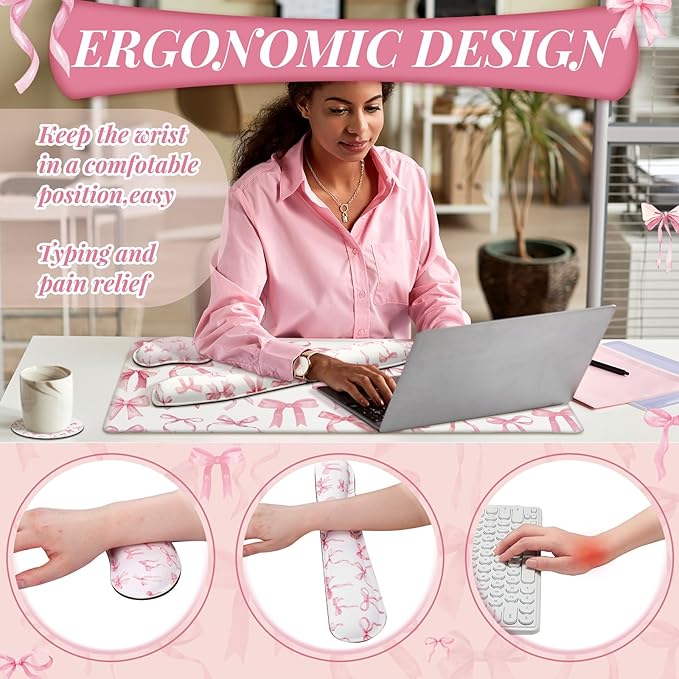 4 Pcs Pink Bow Keyboard Mat and Mouse Pad Set Coquette Desk Mat Bowknot Mouse Pad with Wrist Rest Cute Keyboard Wrist Rest Preppy Cup Coasters Pink Ergonomic Design for Office Table Computer