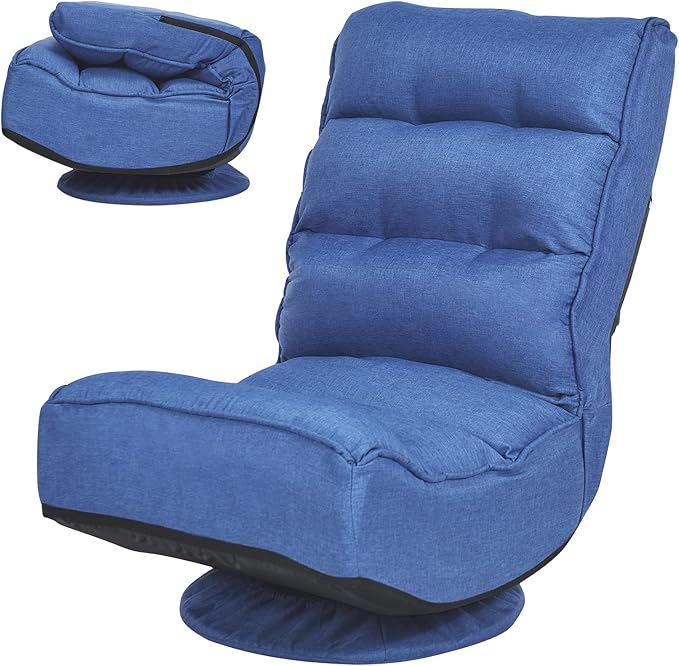 COSTWAY Folding Floor Chair Adjustable 5-Position Video Gaming Chair with 360 Degree Swivel Detachable Cover Padded Backrest Multipurpose Living Room Floor Lounger for TV Reading Playing (Navy)