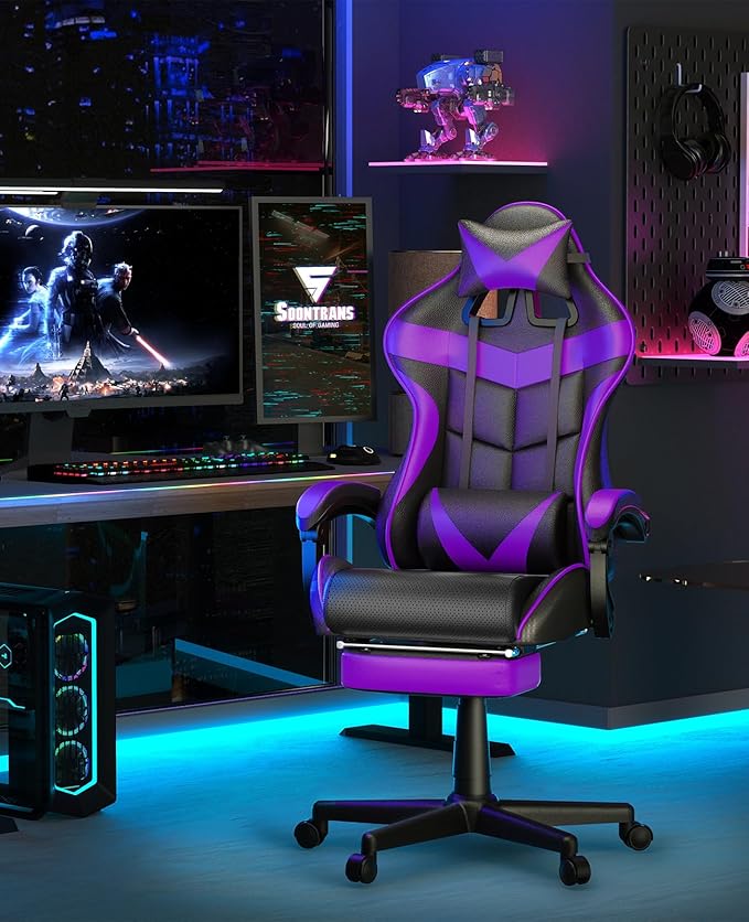 Soontrans Purple Gaming Chair with Footrest Ergonomic Gamer Chair Video Game Chairs with Adjustable Headrest Removable Lumbar Support Office Chair Game Chairs for Adults Teens(Purple)