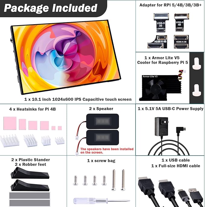 GeeekPi 10.1 inch Capacitive Touchscreen for Raspberry Pi HDMI Monitor IPS 1024X600 LCD Display with Dual-Speaker for Raspberry Pi 5/4B/3B+/3B/B+ with Mount Hole to Install Raspberry Pi Board