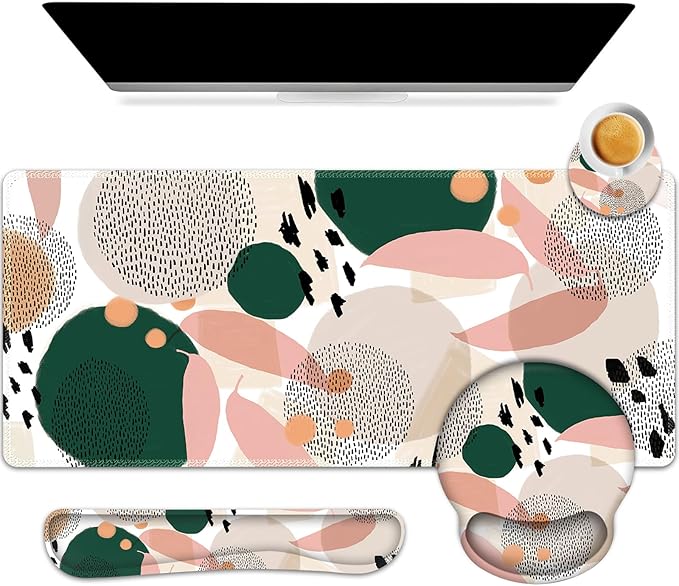 ARTSO Desk Mat Large Gaming Mouse Pad Wrist Support Set Ergonomic Keyboard Wrist Rest Desk Pad with Coaster Combo Extended Mousepad with Non-Slip for Home Office Abstract Point