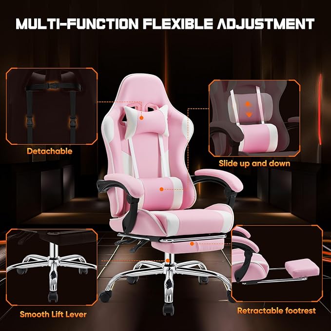 Yapamar Video Game Desk Chair - Ergonomic Computer with Footrest and Comfy Lumbar Support PU Leather Recliner with Headrest