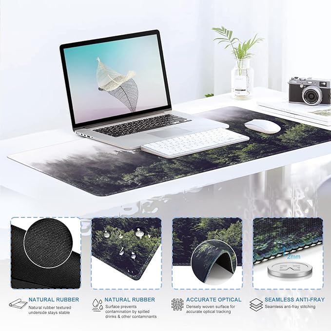 iCasso Desk Mat Gaming Mouse Pad Wrist Support Set4in1 XXL Large Mousepad + Keyboard Wrist Rest+Mouse Wrist Rest+Coaster Set with Ergonomic Design for Home Office Table Computer-Forest