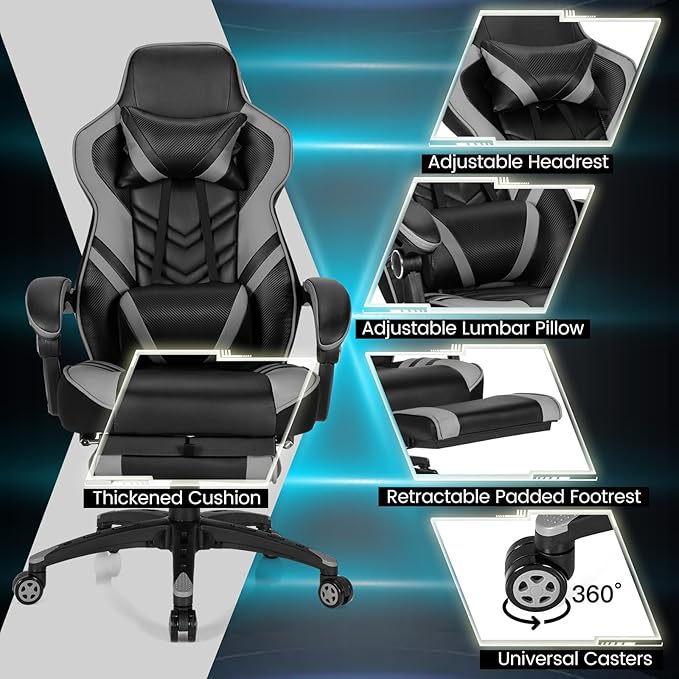 Goplus Gaming Chair Computer Chair with Footrest and Lumbar Support Height Adjustable Executive Swivel Rolling Task Chair with 90°-155° Tilt Function (Grey)