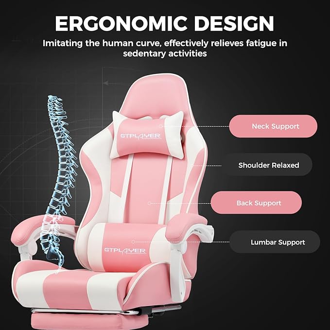 GTPLAYER Gaming Chair Computer Chair with Footrest and Lumbar Support Height Adjustable Game Chair with 360°-Swivel Seat and Headrest and for Office or Gaming (Faux Leather Pink)