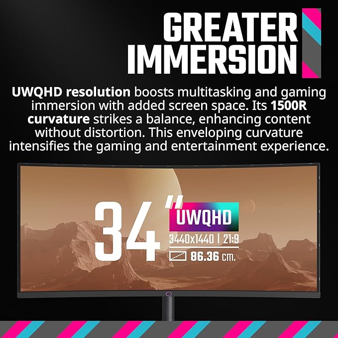Cooler Master GM34-CWQ2 34” Curved UWQHD 3440 x 1440 VA Quantum Dot Gaming Monitor | Up to 180Hz | Up to 0.5ms | Curve 1500R | FreeSync Premium|Nvidia | HDR Support |DP1.4 * 1 | HDMI2.0 * 2