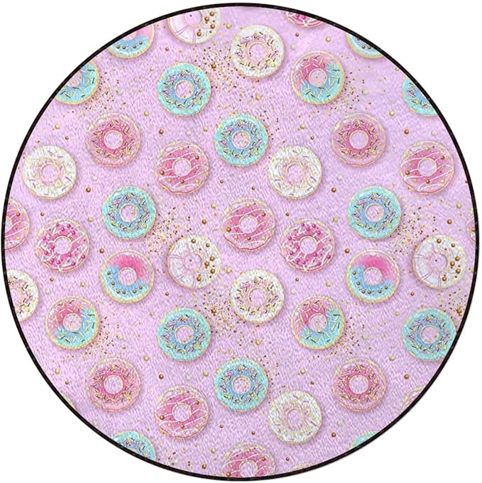 Pink Rugs Soft Non-Slip Indoor Outdoor Bedroom Home Decor Carpet Mat Yoga Mat Runner Rugs Doormat Round Rug Sweet Delicious Donuts Stars Background Diameter 39.4 in