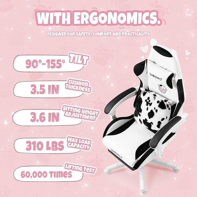 Cute Gaming Chair with Cat Paw Lumbar Cushion and Cat Ears Kawaii Pink Computer Chair with Footrest Ergonomic PC Video Anime Gaming Chairs Recliner for Kids Girls Teens (Black&ampWhite)