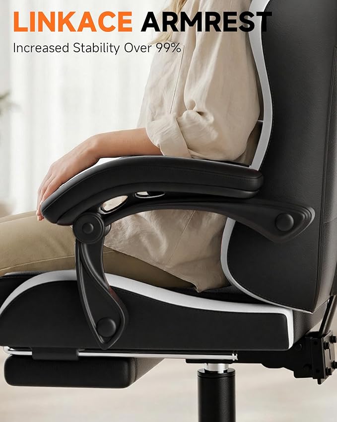 GTPLAYER Gaming Chair Ergonomic Computer Office Chairs for Adults with Footrest Height Adjustable Linkage Armrests 90-155° Recline &amp Headrest Lumbar Support Black &amp White