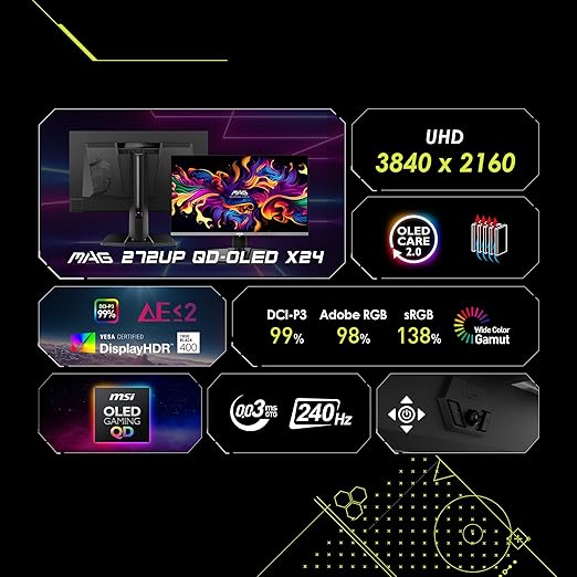 msi MAG 272UP QD-OLED X24 26.5-inch 3840 x 2160 (UHD) Gaming Monitor 240Hz AMD Adaptive-Sync HDR Ready HDMI VGA Port VESA Mountable Tilt 4-Side Slim Bezel 0.03ms Black