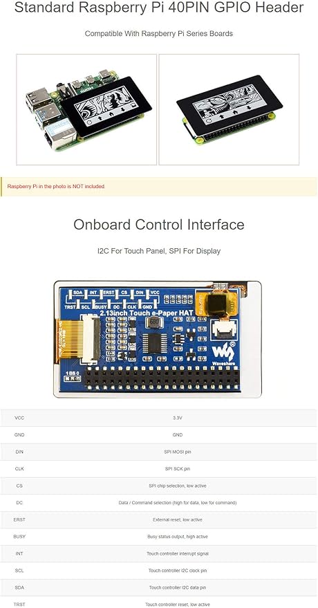 2.13inch Touch E-Paper E-Ink Display Module HAT for Raspberry Pi 250×122 Pixels Black/White Two Color SPI Interface Support Partial Refresh 5-Point Touch
