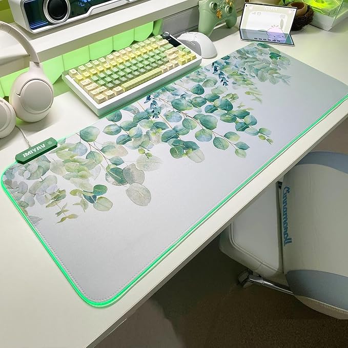 JMIYAV Green RGB Gaming Mouse Pad 31.5x12 Inch PC XL Large Glowing Led Light Up Desk Pad Non-Slip Rubber Base Computer Cute Mousepad Mat Desk Accessories Gaming Setup Spring Willow
