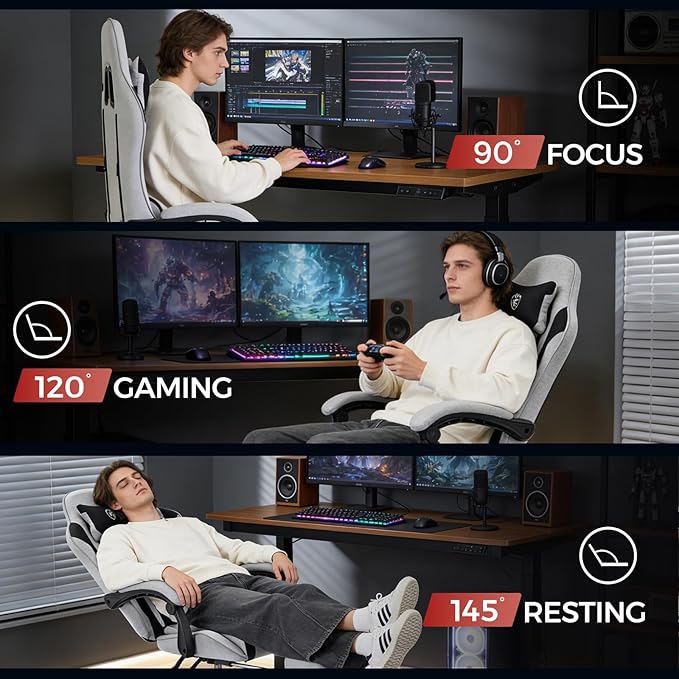 Gaming Chair Breathable FabricComputer Office Chair with FootrestMassage Lumbar Support and Gel PadErgonomic Reclining Adjustable Gamer Chair with Headrest and Spring Cushion Grey Black