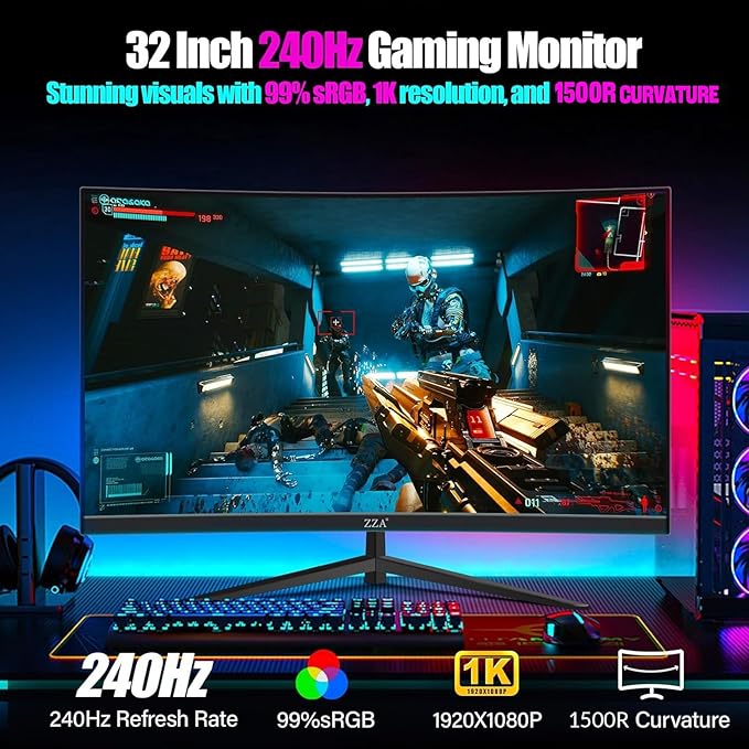 ZZA 32 Curved Gaming Monitor FHD 1920x1080 VA 1ms 240Hz FreeSync Premium DP 1.4/ HDMI 2.0 VESA Compatible Tilt Adjustable