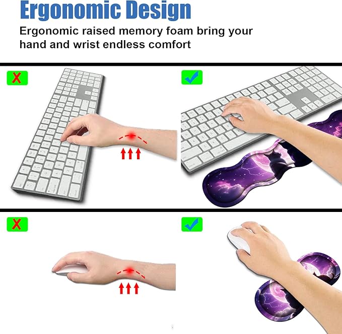 4 in 1 Ergonomic Memory Foam Mouse Pad Wrist Rest Set Large XXL Gaming Desk Pad + Keyboard Wrist Rest + Mouse Wrist Cushion + Coaster for Home Office Study Gaming Cats Under The Moon
