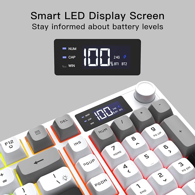 Wireless Gaming Keyboard with Smart Display &amp Knob Control Tri-Mode BT5.0/2.4GHz/Wired RGB Backlit Computer Keyboards with Number Pad 26-Key Rollover Compatible for Windows Mac