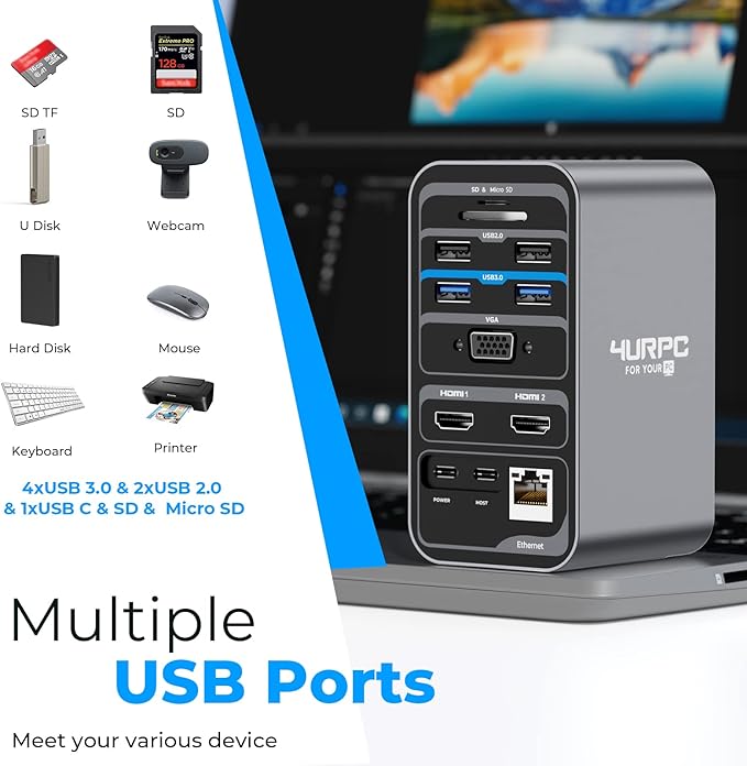 4URPC USB C Docking Station Dual Monitor Dual HDMI USB C Dock Laptop Docking Station with 2 HDMI Ports VGA 7 USB 65W Power Adapter Ethernet SD/TF Audio/Mic for Windows and ChromeOS