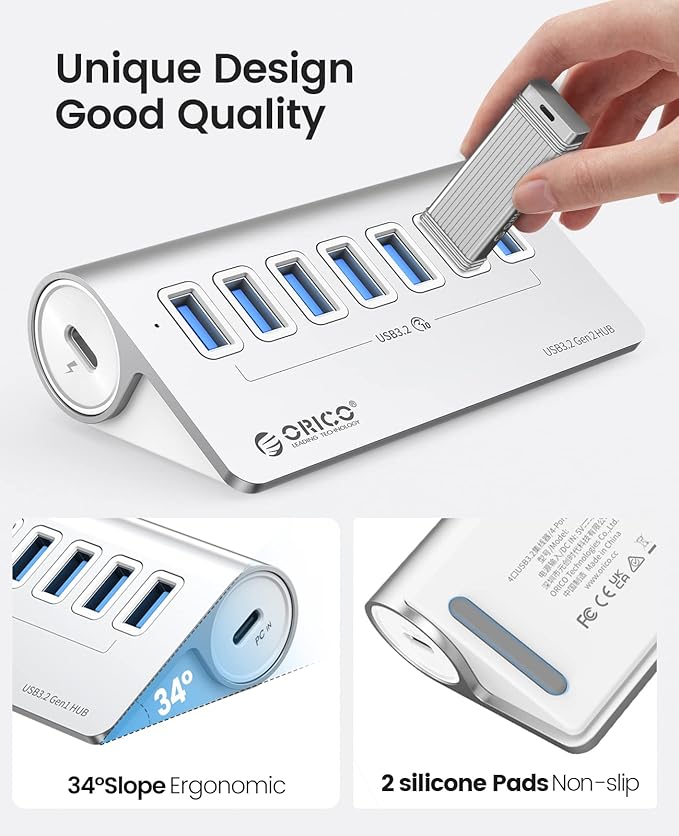 ORICO Powered USB Hub 10Gbps 7 Port USB 3.2 Gen 2 Hub with 7 USB 3.2 Data Ports 5V 3A Power Supply Interface 1.64Ft USB C to C Cable and USB-A Adapter Aluminum USB Data Hub for Laptop