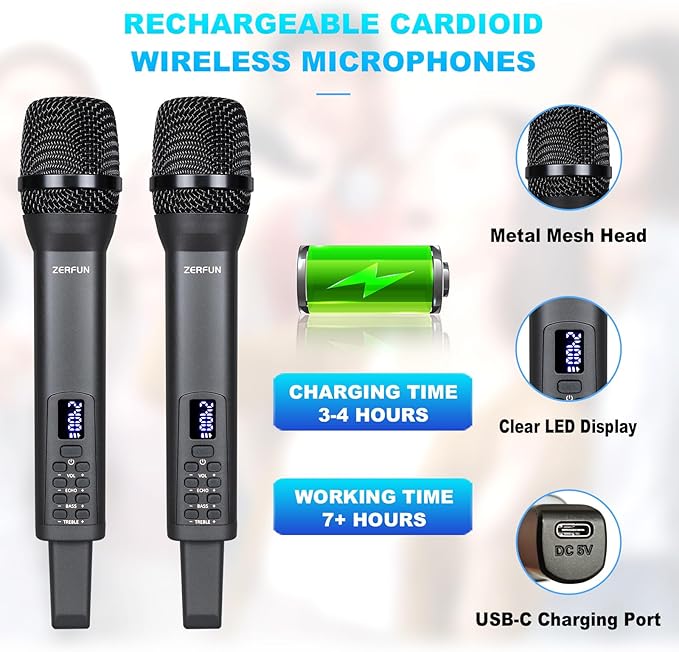 Rechargeable Wireless Microphones Dual Pro Handheld Cordless Mics System Dynamic with Echo Treble BASS VOL Control for Karaoke Singing Church Party 1/4'' Output D240 Grey